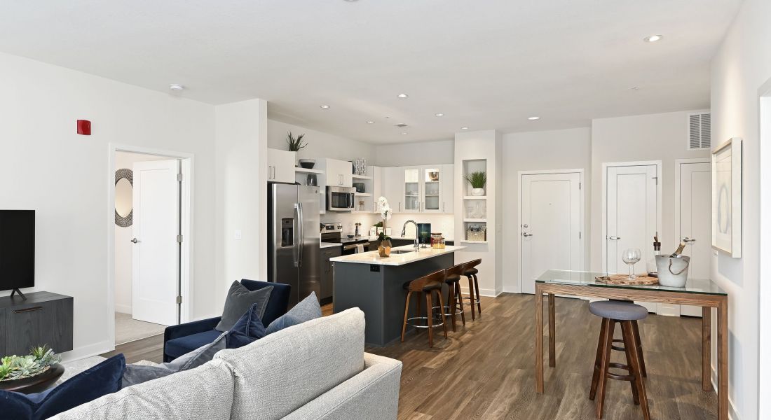 The District Flats apartment living room with hardwood-style floors, large windows, and spacious kitchen with modern furniture