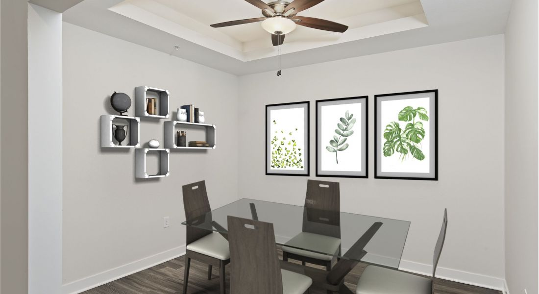 The District Flats apartment office or dining area with inset ceiling and hardwood style floors